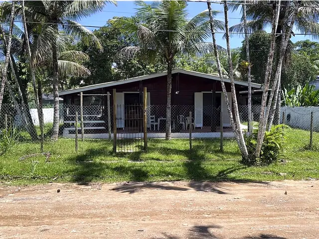 A casa vista da rua de terra, entre coqueiros, com gramado na frente